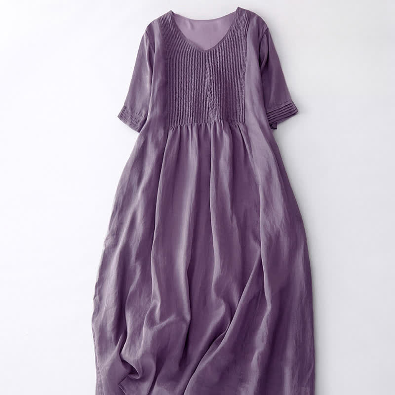 Robe midi unie à manches courtes, col en V et plis accordéon, style décontracté, avec poches , Buddha Stones - image 2