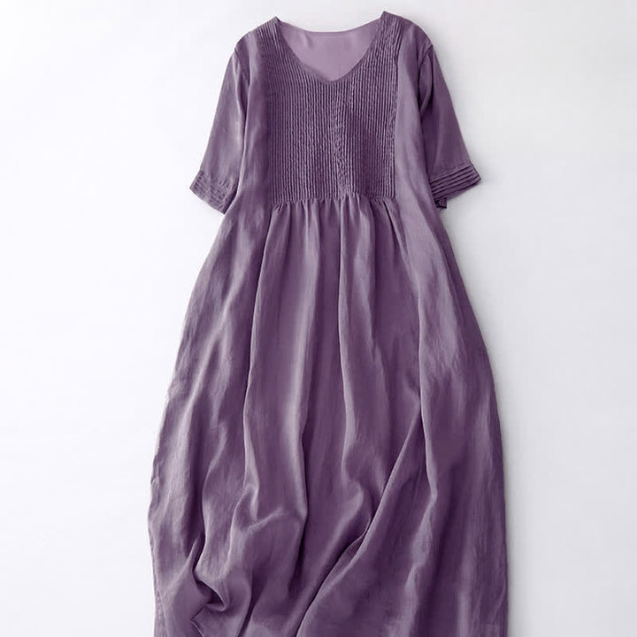 Robe midi unie à manches courtes, col en V et plis accordéon, style décontracté, avec poches , Buddha Stones - image 2