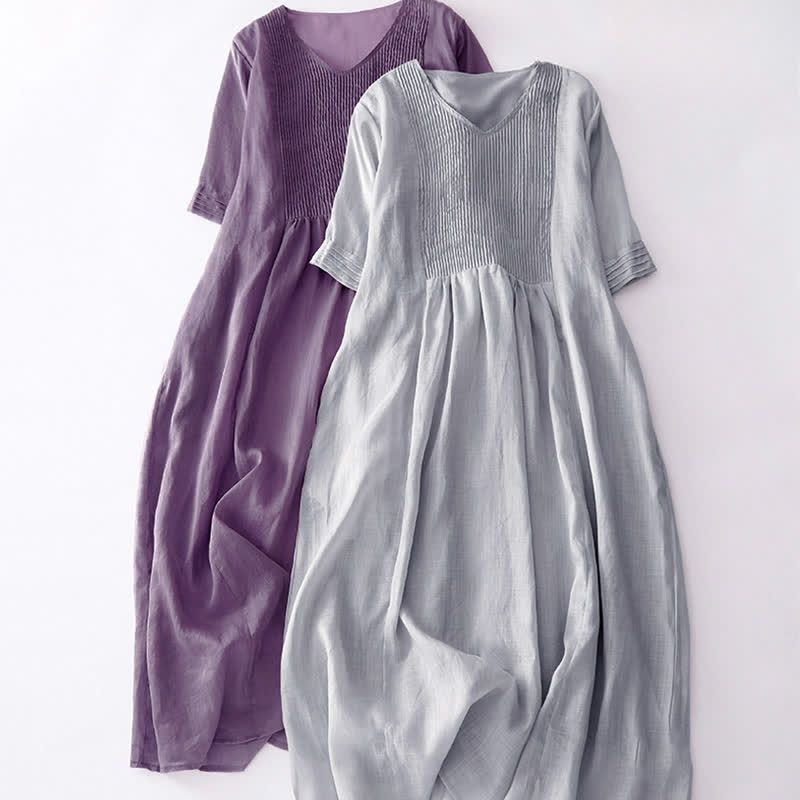 Robe midi unie à manches courtes, col en V et plis accordéon, style décontracté, avec poches , Buddha Stones - image 27