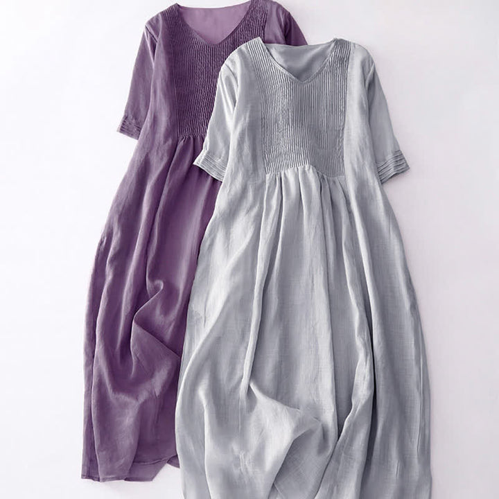Robe midi unie à manches courtes, col en V et plis accordéon, style décontracté, avec poches , Buddha Stones - image 27