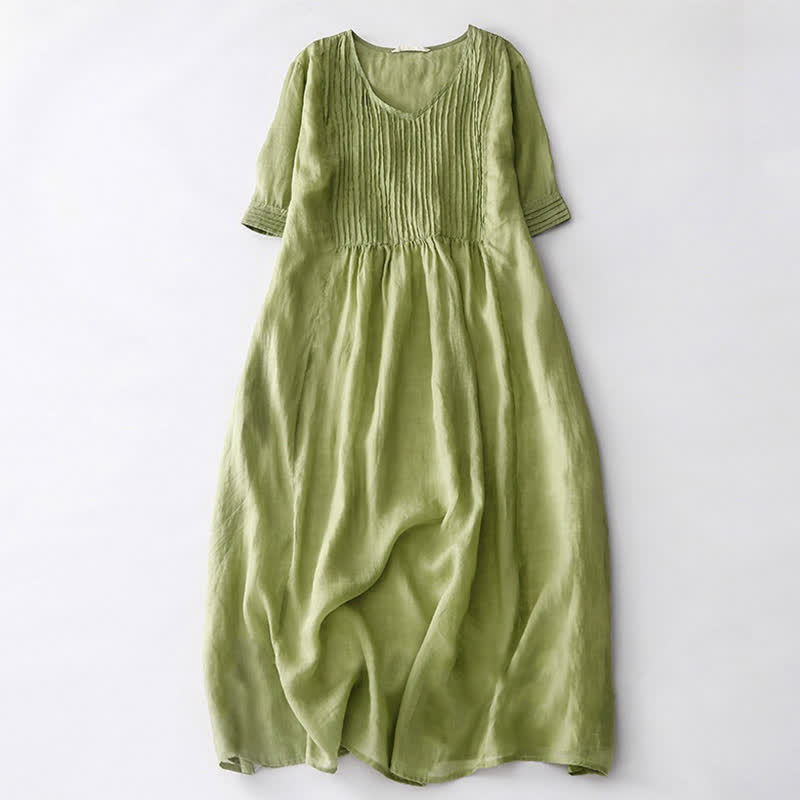 Robe midi unie à manches courtes, col en V et plis accordéon, style décontracté, avec poches , Buddha Stones - JauneVert - US14，UK/AU18，EU46 (2XL) - image 11