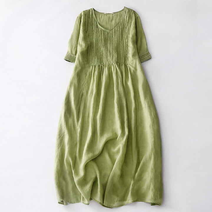 Robe midi unie à manches courtes, col en V et plis accordéon, style décontracté, avec poches , Buddha Stones - JauneVert - US14，UK/AU18，EU46 (2XL) - image 11