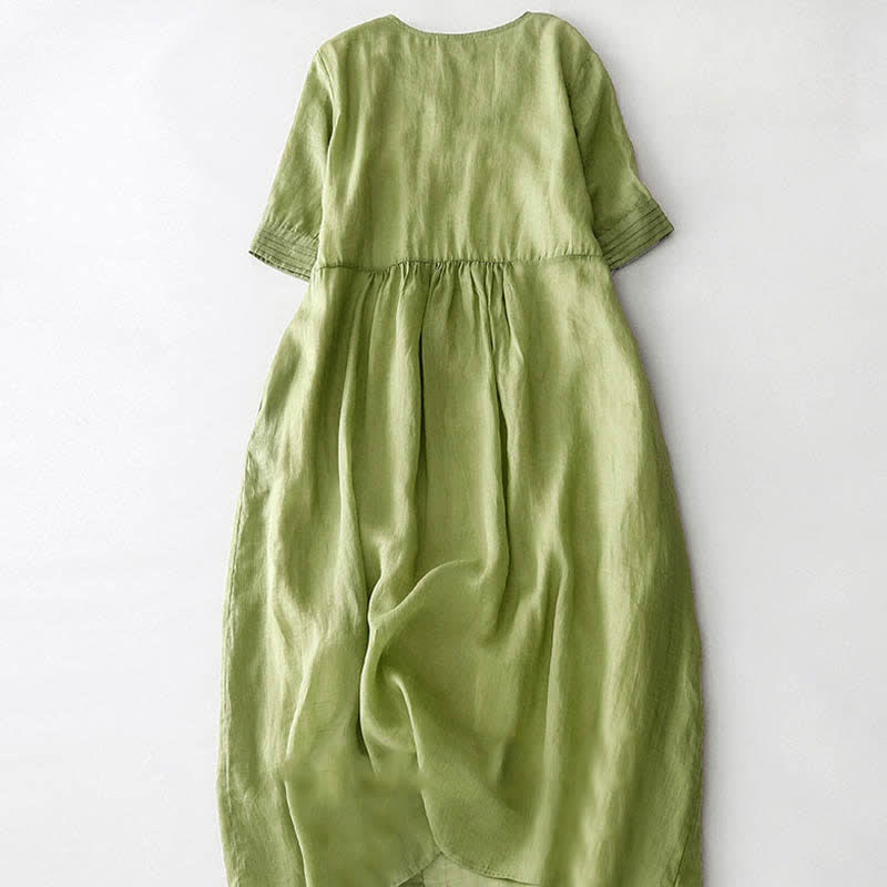 Robe midi unie à manches courtes, col en V et plis accordéon, style décontracté, avec poches , Buddha Stones - image 10