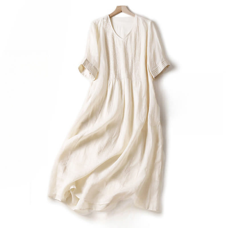 Robe midi unie à manches courtes, col en V et plis accordéon, style décontracté, avec poches , Buddha Stones - Neige - US14，UK/AU18，EU46 (2XL) - image 28
