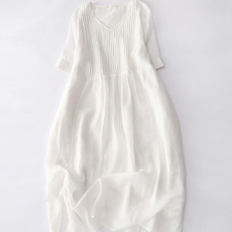 Robe midi unie à manches courtes, col en V et plis accordéon, style décontracté, avec poches , Buddha Stones - OldLace - US14，UK/AU18，EU46 (2XL) - image 41