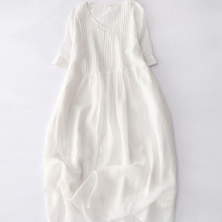 Robe midi unie à manches courtes, col en V et plis accordéon, style décontracté, avec poches , Buddha Stones - OldLace - US14，UK/AU18，EU46 (2XL) - image 41