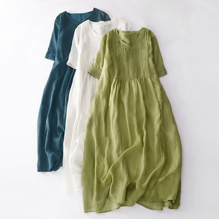 Robe midi unie à manches courtes, col en V et plis accordéon, style décontracté, avec poches , Buddha Stones - image 0