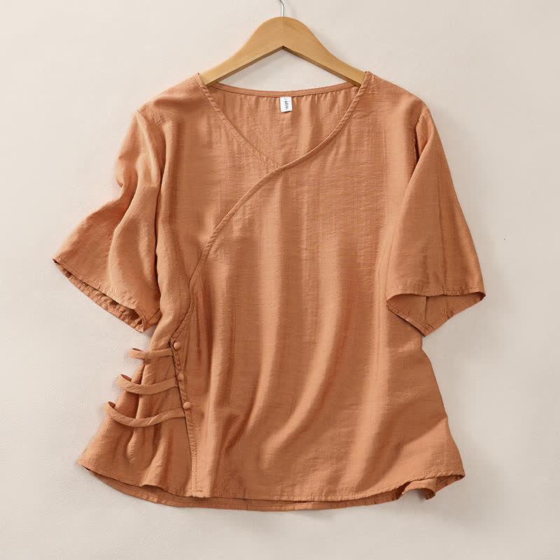 Buddha Stones T-shirts d'été minimalistes à col en V, manches courtes, couleur unie, avec boutons décoratifs, pour femmes - Pérou - US8-10, UK/AU12-14, EU40-42 (2XL) - image 0