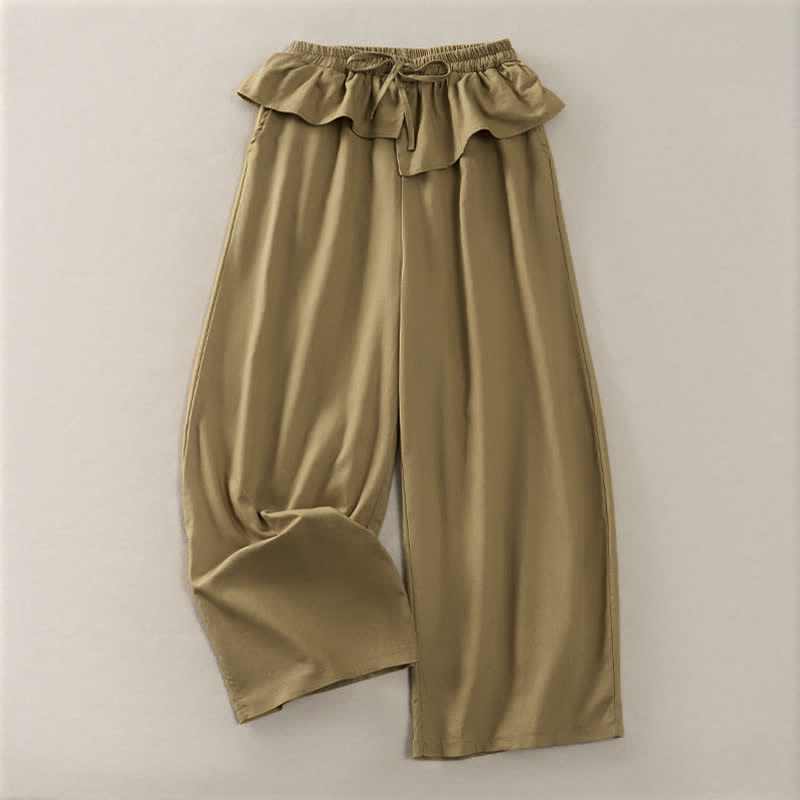 Buddha Stones Pantalon court uni à volants, taille élastique et cordon de serrage, coupe décontractée printemps-été, jambes droites et poches pour femme - Kaki foncé - US8-10, UK/AU12-14, EU40-42 (2XL) - image 0