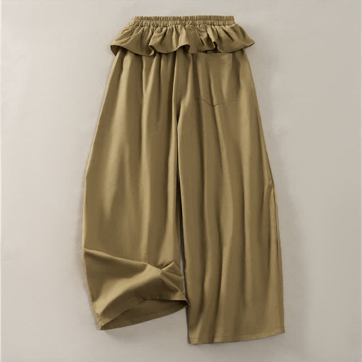 Buddha Stones Pantalon court uni à volants, taille élastique et cordon de serrage, coupe décontractée printemps-été, jambes droites et poches pour femme - image 1