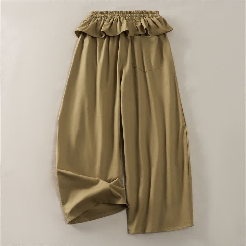 Buddha Stones Pantalon court uni à volants, taille élastique et cordon de serrage, coupe décontractée printemps-été, jambes droites et poches pour femme - image 1
