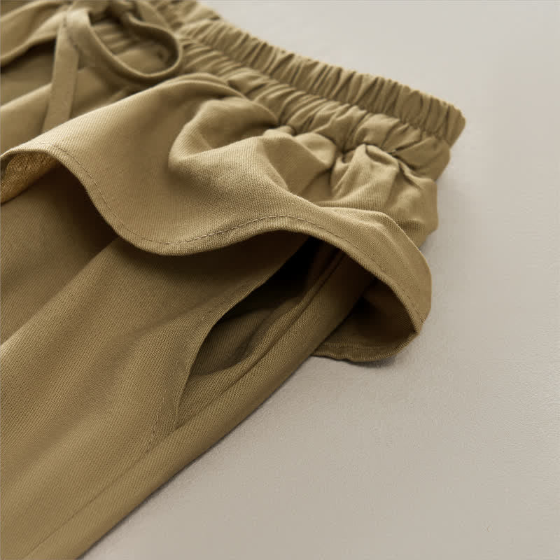 Buddha Stones Pantalon court uni à volants, taille élastique et cordon de serrage, coupe décontractée printemps-été, jambes droites et poches pour femme - image 4
