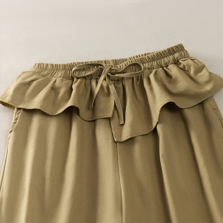 Buddha Stones Pantalon court uni à volants, taille élastique et cordon de serrage, coupe décontractée printemps-été, jambes droites et poches pour femme - image 2