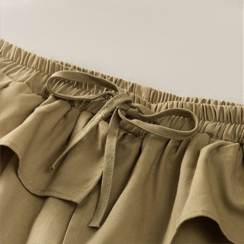 Buddha Stones Pantalon court uni à volants, taille élastique et cordon de serrage, coupe décontractée printemps-été, jambes droites et poches pour femme - image 3