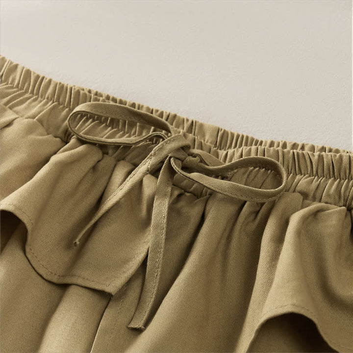 Buddha Stones Pantalon court uni à volants, taille élastique et cordon de serrage, coupe décontractée printemps-été, jambes droites et poches pour femme - image 3