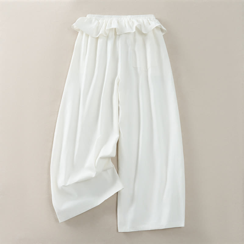 Buddha Stones Pantalon court uni à volants, taille élastique et cordon de serrage, coupe décontractée printemps-été, jambes droites et poches pour femme - image 11