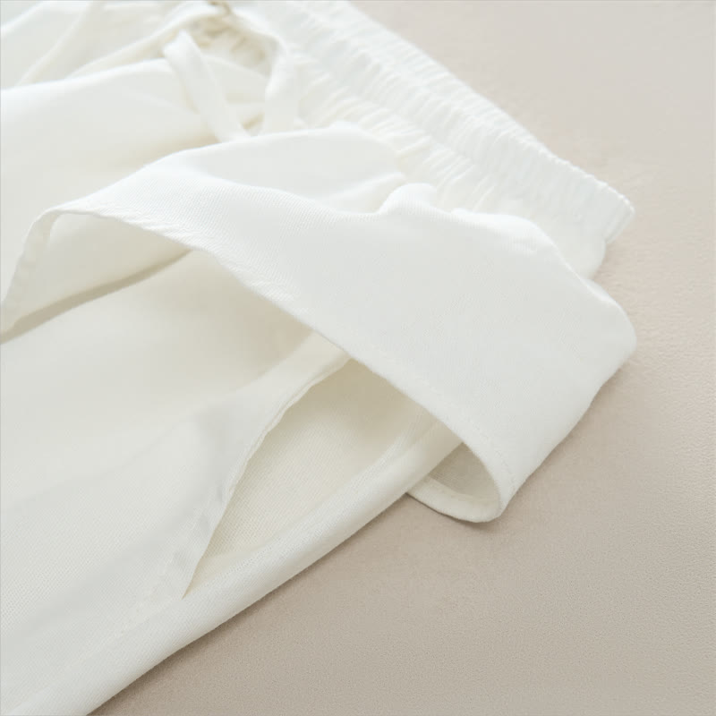 Buddha Stones Pantalon court uni à volants, taille élastique et cordon de serrage, coupe décontractée printemps-été, jambes droites et poches pour femme - image 14