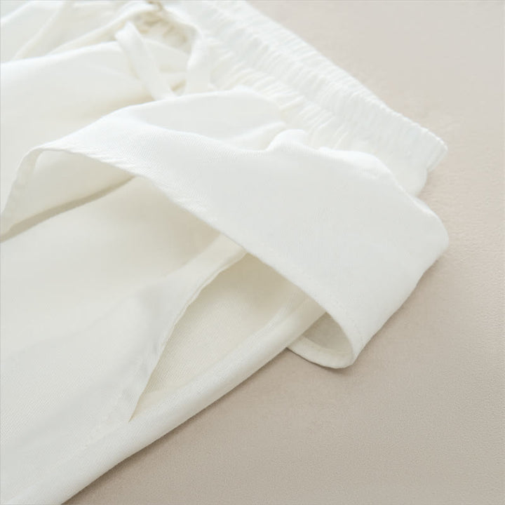 Buddha Stones Pantalon court uni à volants, taille élastique et cordon de serrage, coupe décontractée printemps-été, jambes droites et poches pour femme - image 14