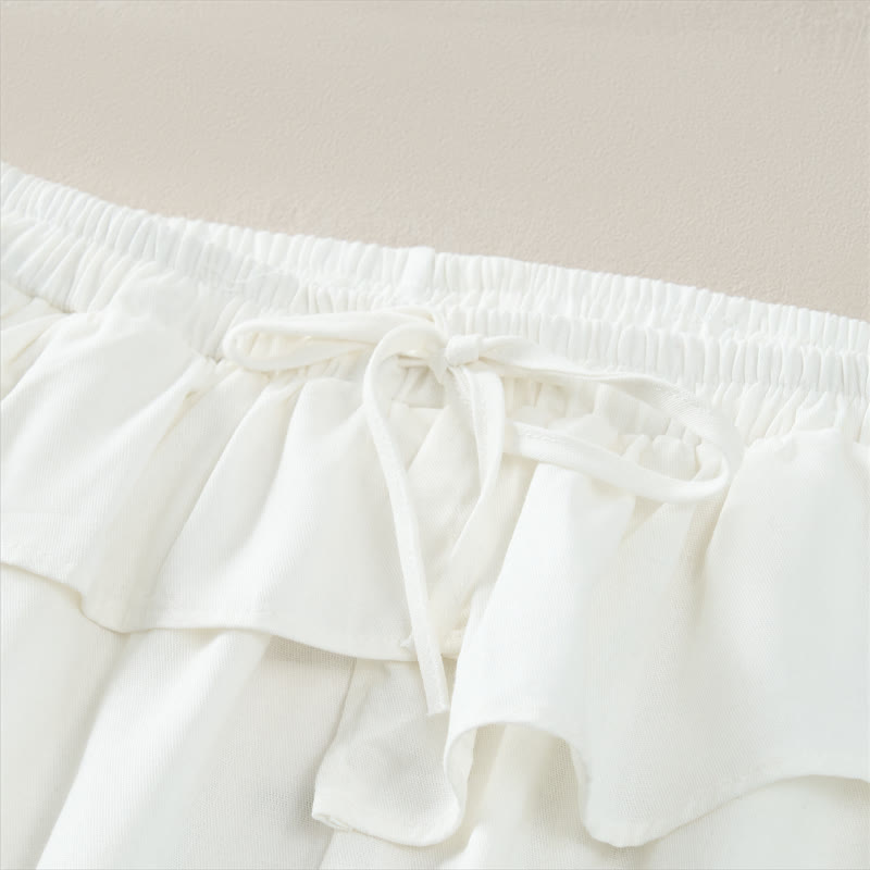 Buddha Stones Pantalon court uni à volants, taille élastique et cordon de serrage, coupe décontractée printemps-été, jambes droites et poches pour femme - image 13