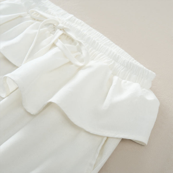 Buddha Stones Pantalon court uni à volants, taille élastique et cordon de serrage, coupe décontractée printemps-été, jambes droites et poches pour femme - image 16