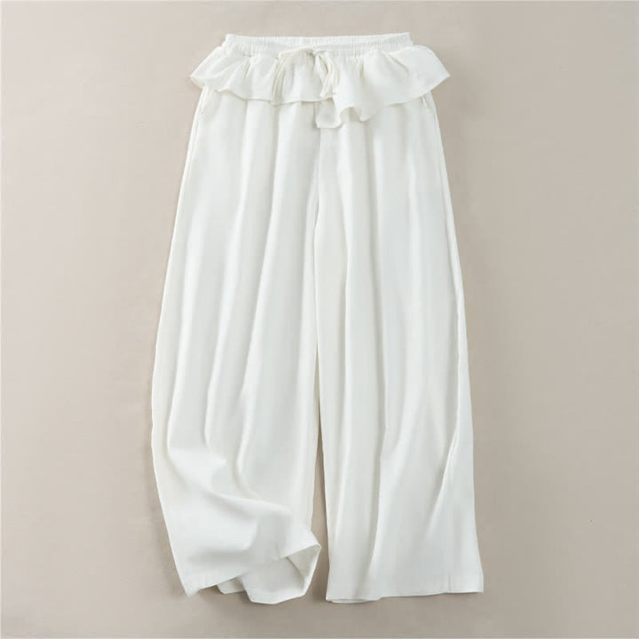 Buddha Stones Pantalon court uni à volants, taille élastique et cordon de serrage, coupe décontractée printemps-été, jambes droites et poches pour femme - Blanc - US8-10, UK/AU12-14, EU40-42 (2XL) - image 10