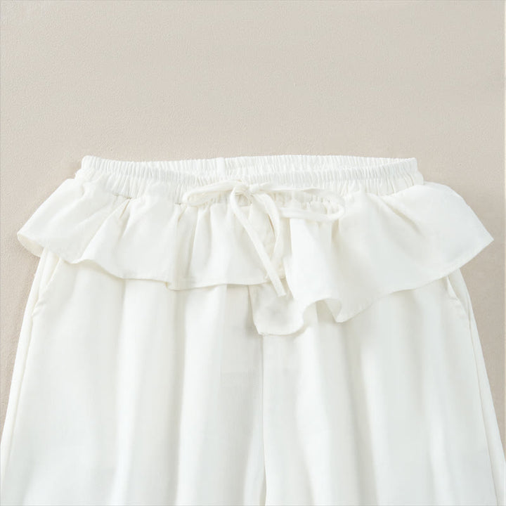 Buddha Stones Pantalon court uni à volants, taille élastique et cordon de serrage, coupe décontractée printemps-été, jambes droites et poches pour femme - image 12