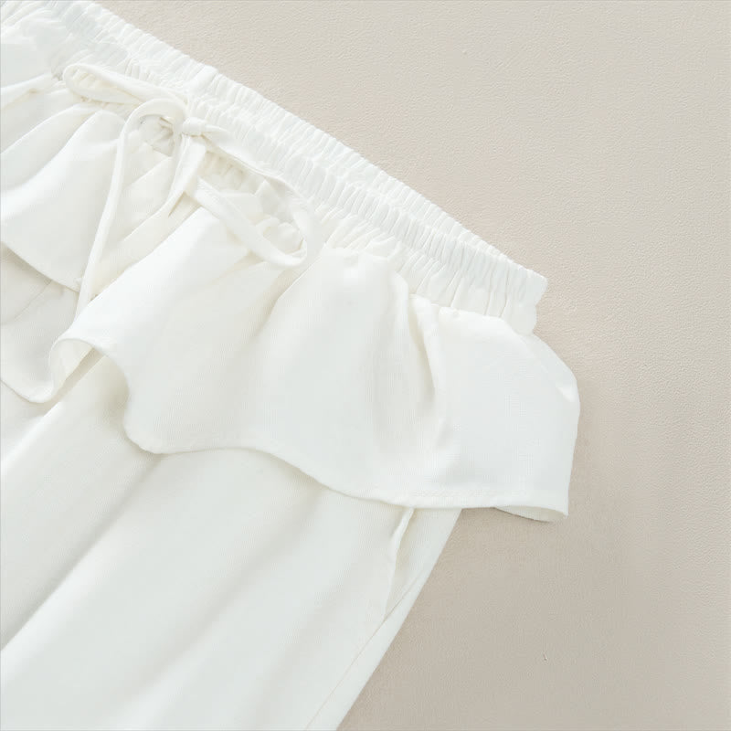 Buddha Stones Pantalon court uni à volants, taille élastique et cordon de serrage, coupe décontractée printemps-été, jambes droites et poches pour femme - image 15