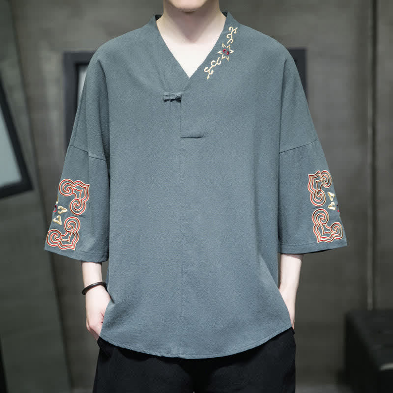 Buddha Stones Chemises à manches courtes pour hommes, style Tang, brodées, col en V, un bouton brandebourg, à motif floral, été - CadetBlue - US/UK/AU46，EU56 (5XL) - image 0