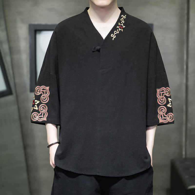 Buddha Stones Chemises à manches courtes pour hommes, style Tang, brodées, col en V, un bouton brandebourg, à motif floral, été - Noir - US/UK/AU46，EU56 (5XL) - image 6