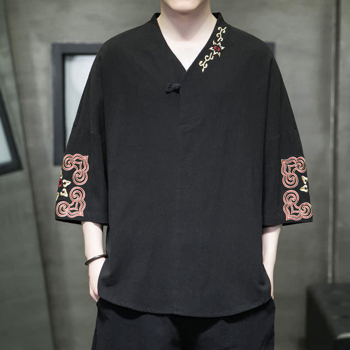 Buddha Stones Chemises à manches courtes pour hommes, style Tang, brodées, col en V, un bouton brandebourg, à motif floral, été - Noir - US/UK/AU46，EU56 (5XL) - image 6