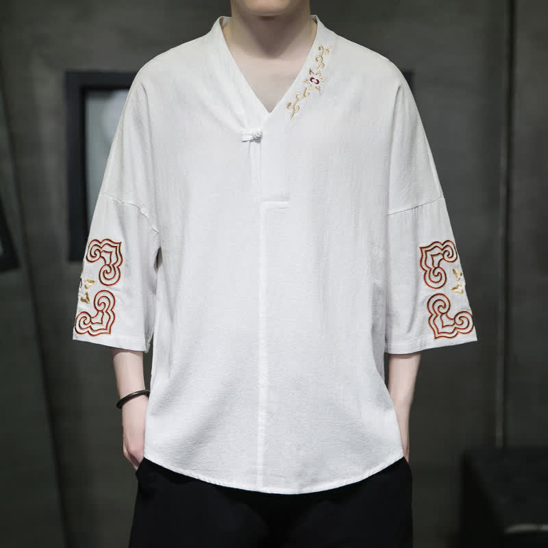 Buddha Stones Chemises à manches courtes pour hommes, style Tang, brodées, col en V, un bouton brandebourg, à motif floral, été - Blanc - US/UK/AU46，EU56 (5XL) - image 8