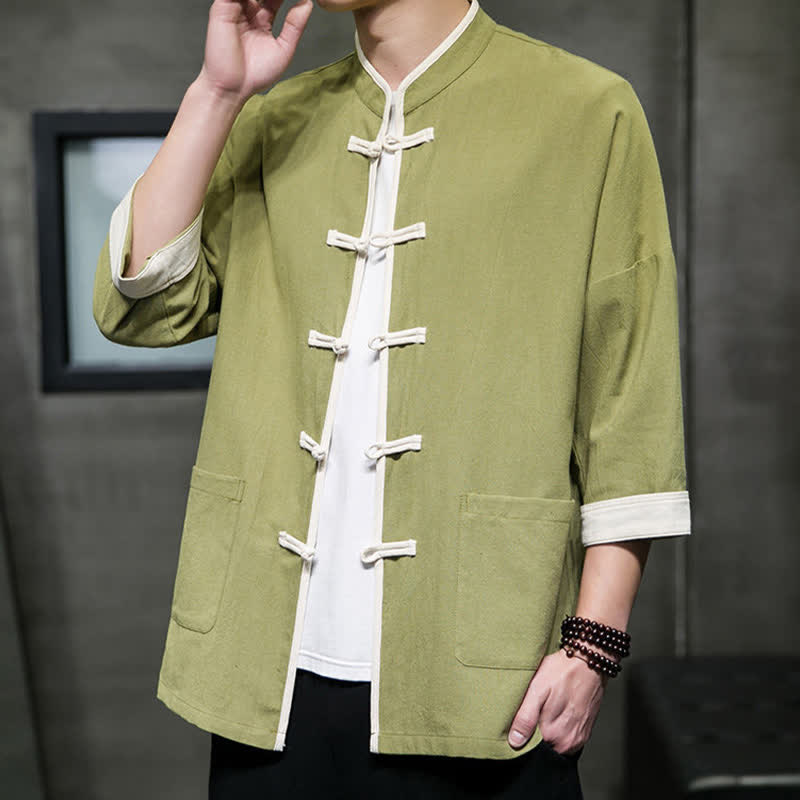 Buddha Stones Chemises d'été pour hommes à manches courtes, col mandarin, boutons brandebourg et poches, style Tang, color block - Vert olive - US/UK/AU46，EU56 (5XL) - image 0