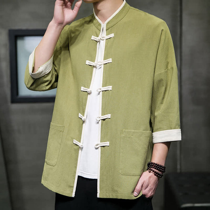 Buddha Stones Chemises d'été pour hommes à manches courtes, col mandarin, boutons brandebourg et poches, style Tang, color block - Vert olive - US/UK/AU46，EU56 (5XL) - image 0