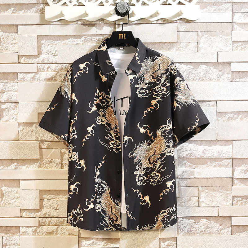 Buddha Stones Chemises à manches courtes pour hommes à boutons avec motif dragon d'été - Noir - US/UK/AU46，EU56 (5XL) - image 0
