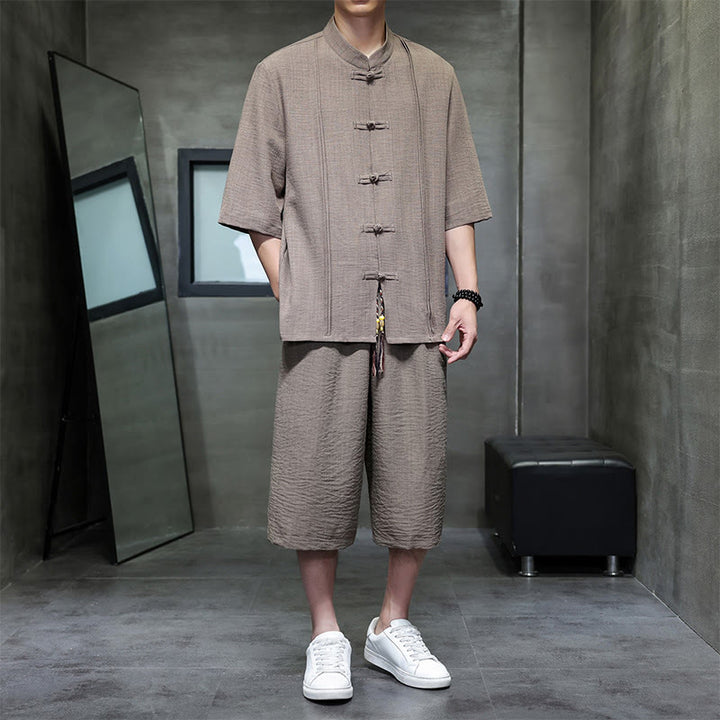 Buddha Stones Ensemble 2 pièces pour homme, style Tang, manches trois-quarts, boutons grenouille, couleur unie, longueur coude, pantalon court, tenue de méditation avec poches - Pérou - US/UK/AU46，EU56 (5XL) - image 31
