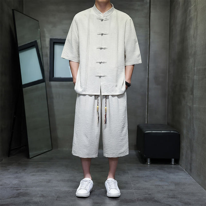 Buddha Stones Ensemble 2 pièces pour homme, style Tang, manches trois-quarts, boutons grenouille, couleur unie, longueur coude, pantalon court, tenue de méditation avec poches - Beige - US/UK/AU46，EU56 (5XL) - image 0