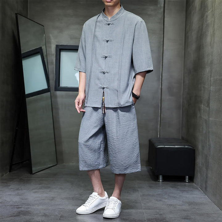 Buddha Stones Ensemble 2 pièces pour homme, style Tang, manches trois-quarts, boutons grenouille, couleur unie, longueur coude, pantalon court, tenue de méditation avec poches - Gris - US/UK/AU46，EU56 (5XL) - image 9