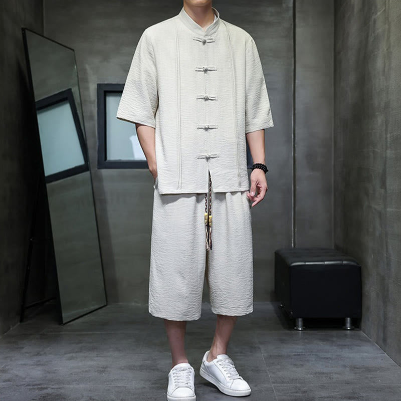 Buddha Stones Ensemble 2 pièces pour homme, style Tang, manches trois-quarts, boutons grenouille, couleur unie, longueur coude, pantalon court, tenue de méditation avec poches - image 1