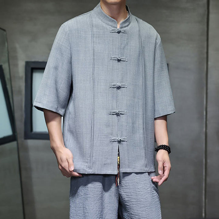 Buddha Stones Ensemble 2 pièces pour homme, style Tang, manches trois-quarts, boutons grenouille, couleur unie, longueur coude, pantalon court, tenue de méditation avec poches - image 17