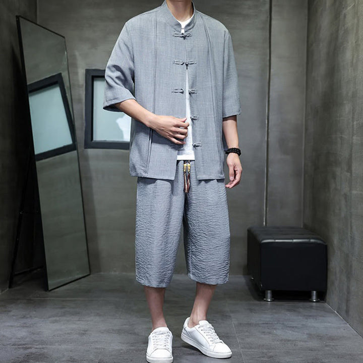 Buddha Stones Ensemble 2 pièces pour homme, style Tang, manches trois-quarts, boutons grenouille, couleur unie, longueur coude, pantalon court, tenue de méditation avec poches - image 12