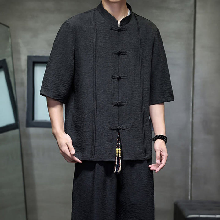 Buddha Stones Ensemble 2 pièces pour homme, style Tang, manches trois-quarts, boutons grenouille, couleur unie, longueur coude, pantalon court, tenue de méditation avec poches - image 30