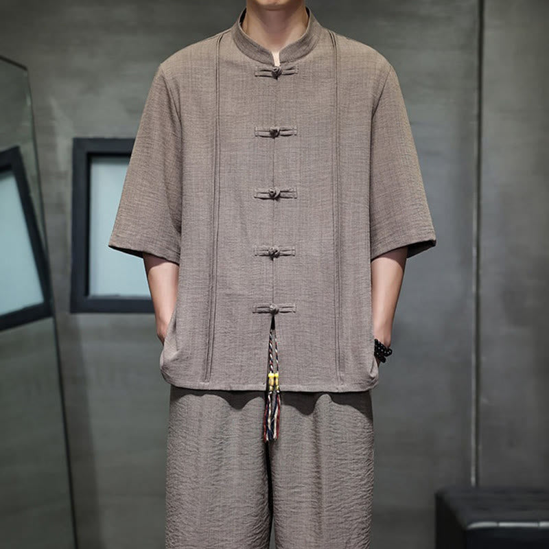 Buddha Stones Ensemble 2 pièces pour homme, style Tang, manches trois-quarts, boutons grenouille, couleur unie, longueur coude, pantalon court, tenue de méditation avec poches - image 38