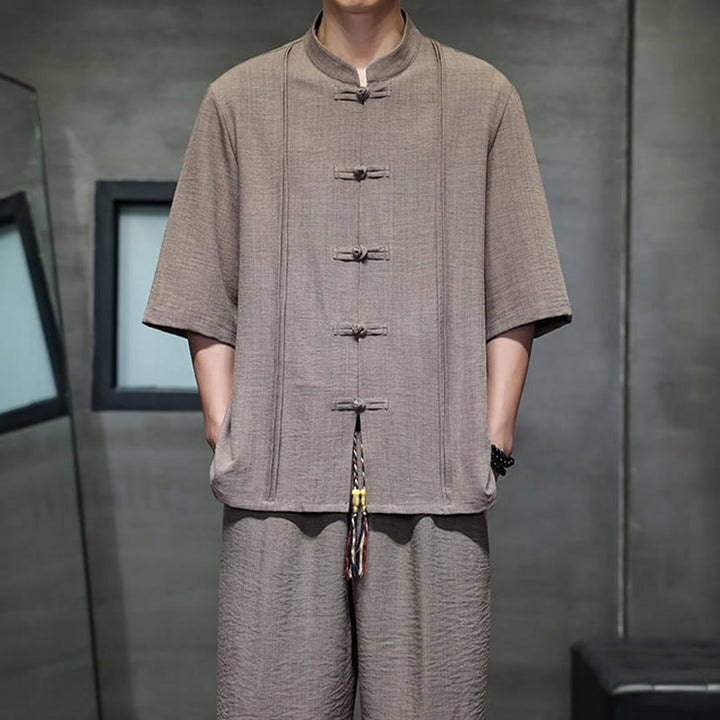 Buddha Stones Ensemble 2 pièces pour homme, style Tang, manches trois-quarts, boutons grenouille, couleur unie, longueur coude, pantalon court, tenue de méditation avec poches - image 38