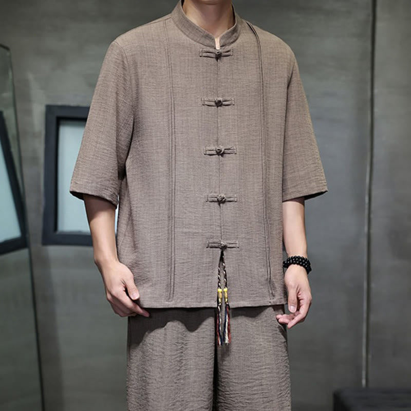 Buddha Stones Ensemble 2 pièces pour homme, style Tang, manches trois-quarts, boutons grenouille, couleur unie, longueur coude, pantalon court, tenue de méditation avec poches - image 39
