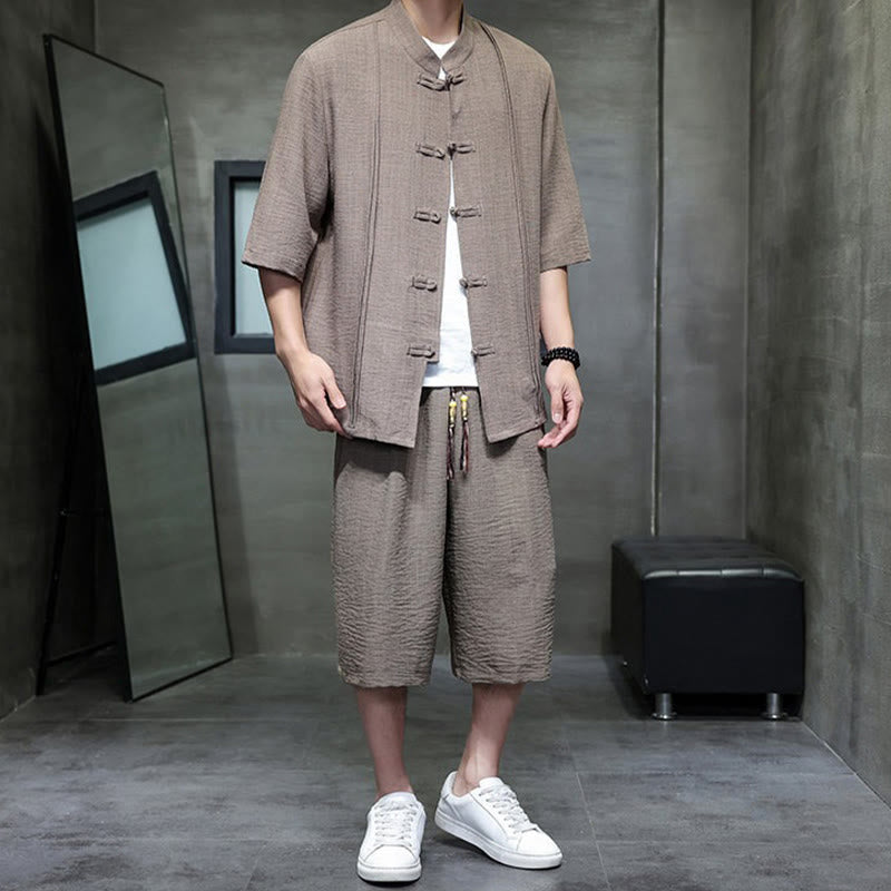 Buddha Stones Ensemble 2 pièces pour homme, style Tang, manches trois-quarts, boutons grenouille, couleur unie, longueur coude, pantalon court, tenue de méditation avec poches - image 35