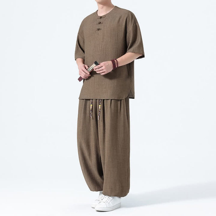 Buddha Stones Ensemble 2 pièces : chemise à manches courtes unie style Tang avec boutons grenouille, pantalon harem, tenue de méditation pour homme avec poches - Pérou - US/UK/AU46，EU56 (5XL) - image 0