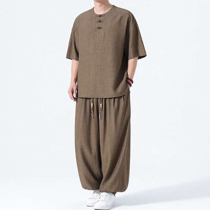Buddha Stones Ensemble 2 pièces : chemise à manches courtes unie style Tang avec boutons grenouille, pantalon harem, tenue de méditation pour homme avec poches - image 2