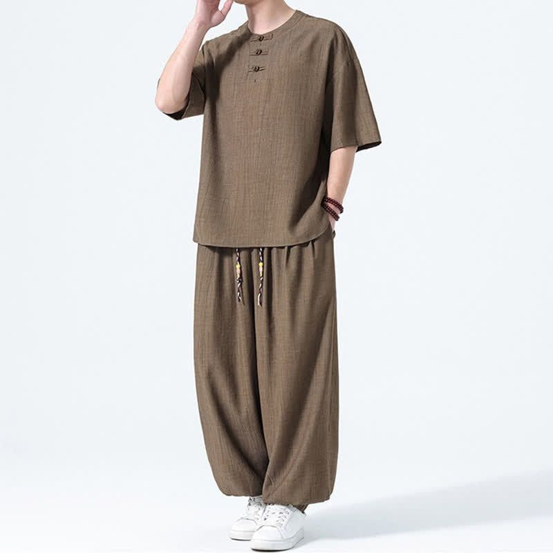 Buddha Stones Ensemble 2 pièces : chemise à manches courtes unie style Tang avec boutons grenouille, pantalon harem, tenue de méditation pour homme avec poches - image 4