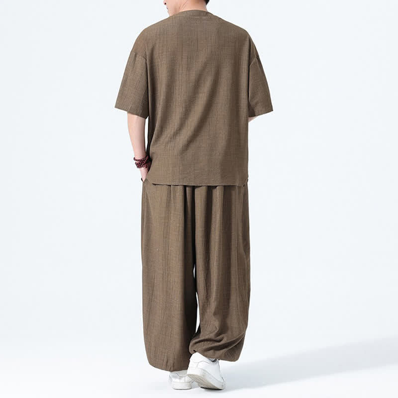 Buddha Stones Ensemble 2 pièces : chemise à manches courtes unie style Tang avec boutons grenouille, pantalon harem, tenue de méditation pour homme avec poches - image 3