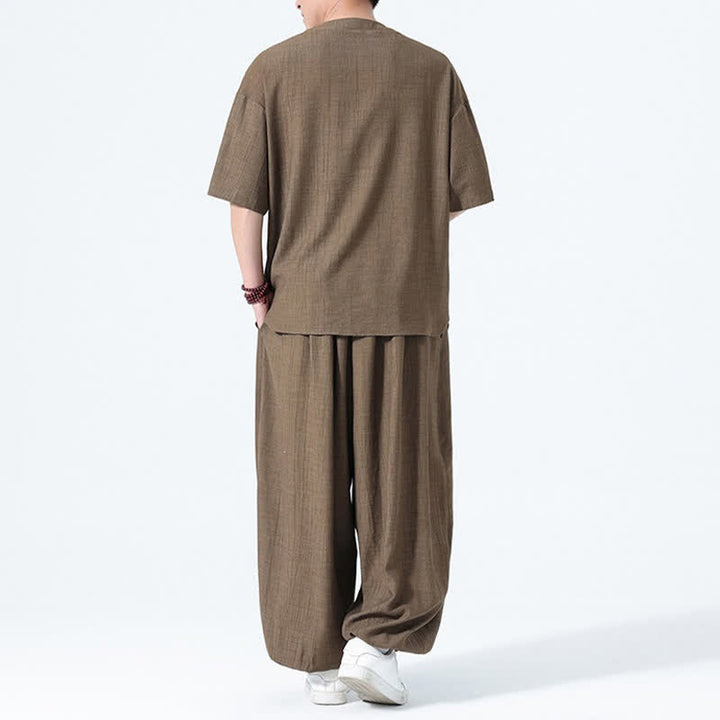 Buddha Stones Ensemble 2 pièces : chemise à manches courtes unie style Tang avec boutons grenouille, pantalon harem, tenue de méditation pour homme avec poches - image 3